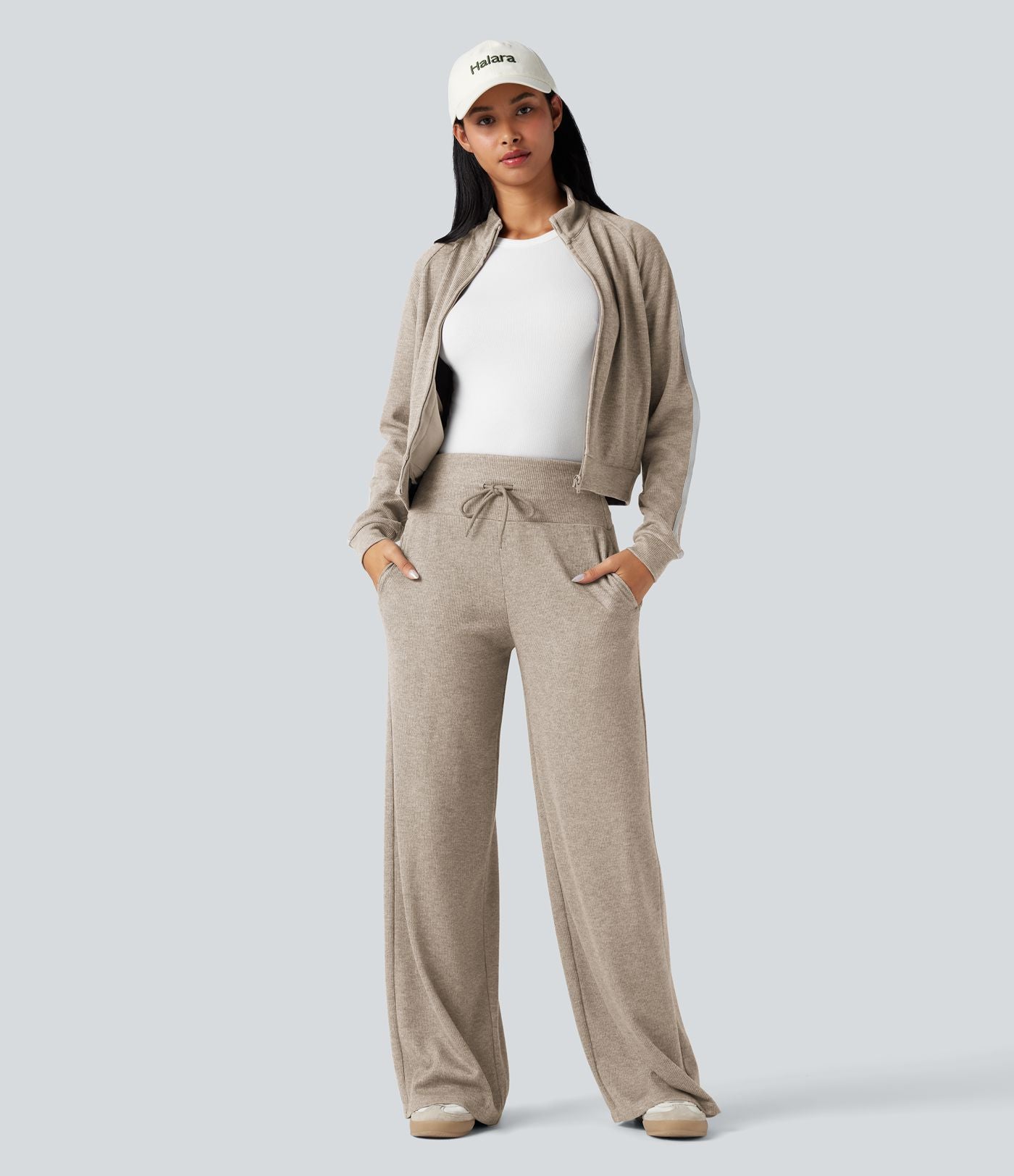 Pantalon jogging large décontracté côtelé gainant taille haute avec cordon de serrage et poches