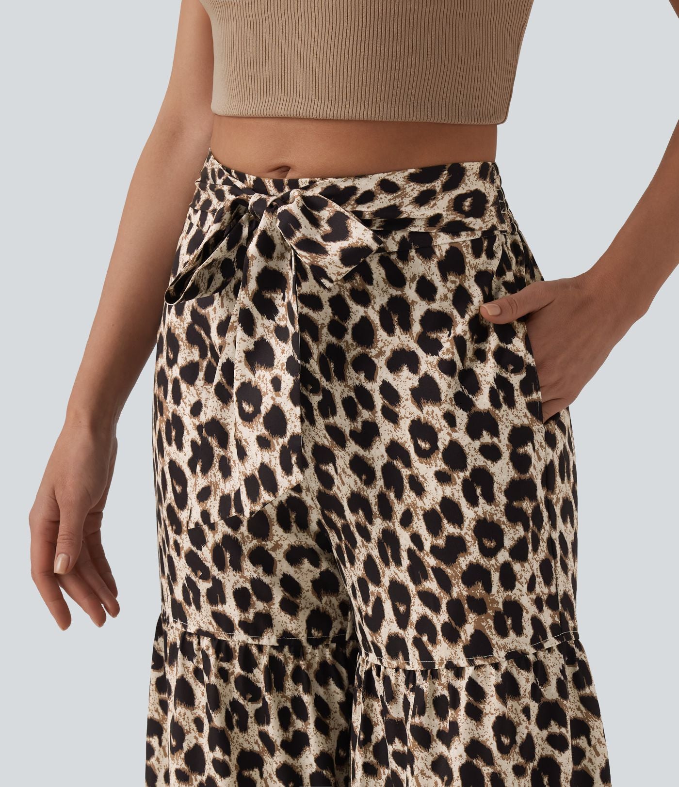 Pantalon ample décontracté taille mi-haute avec nœud devant imprimé léopard avec poches