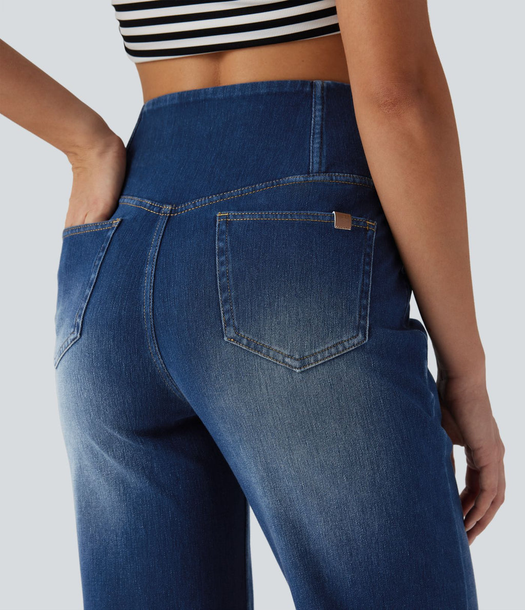 Jean droit décontracté croisé gainant taille haute avec poches Halara Flex™