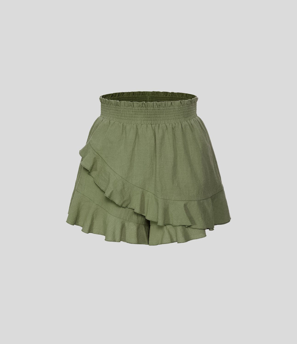 Short Évasés Casual à Taille Haute avec Volants Frisés et Effet Lin