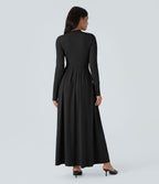 Robe longue décontractée à col montant, manches longues, plissée, avec poches latérales et coupe évasée