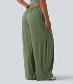 Pantalon large décontracté chiné taille mi-haute avec cordon de serrage avec poches