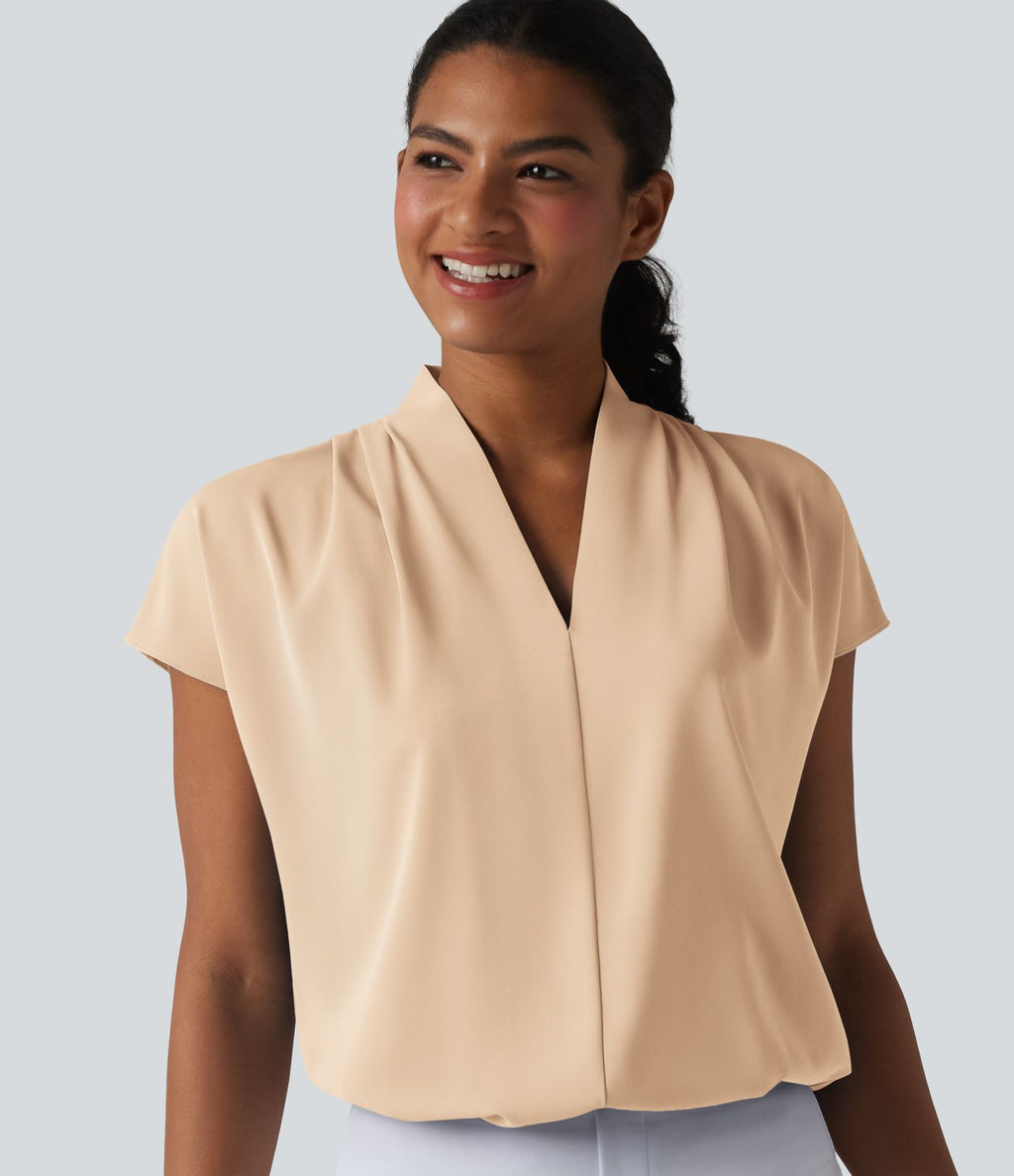Blouse esprit bureau ample défroissage facile, col V et manches chauve-souris