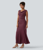 Robe décontractée maxi sans manches col drapé maille côtelée