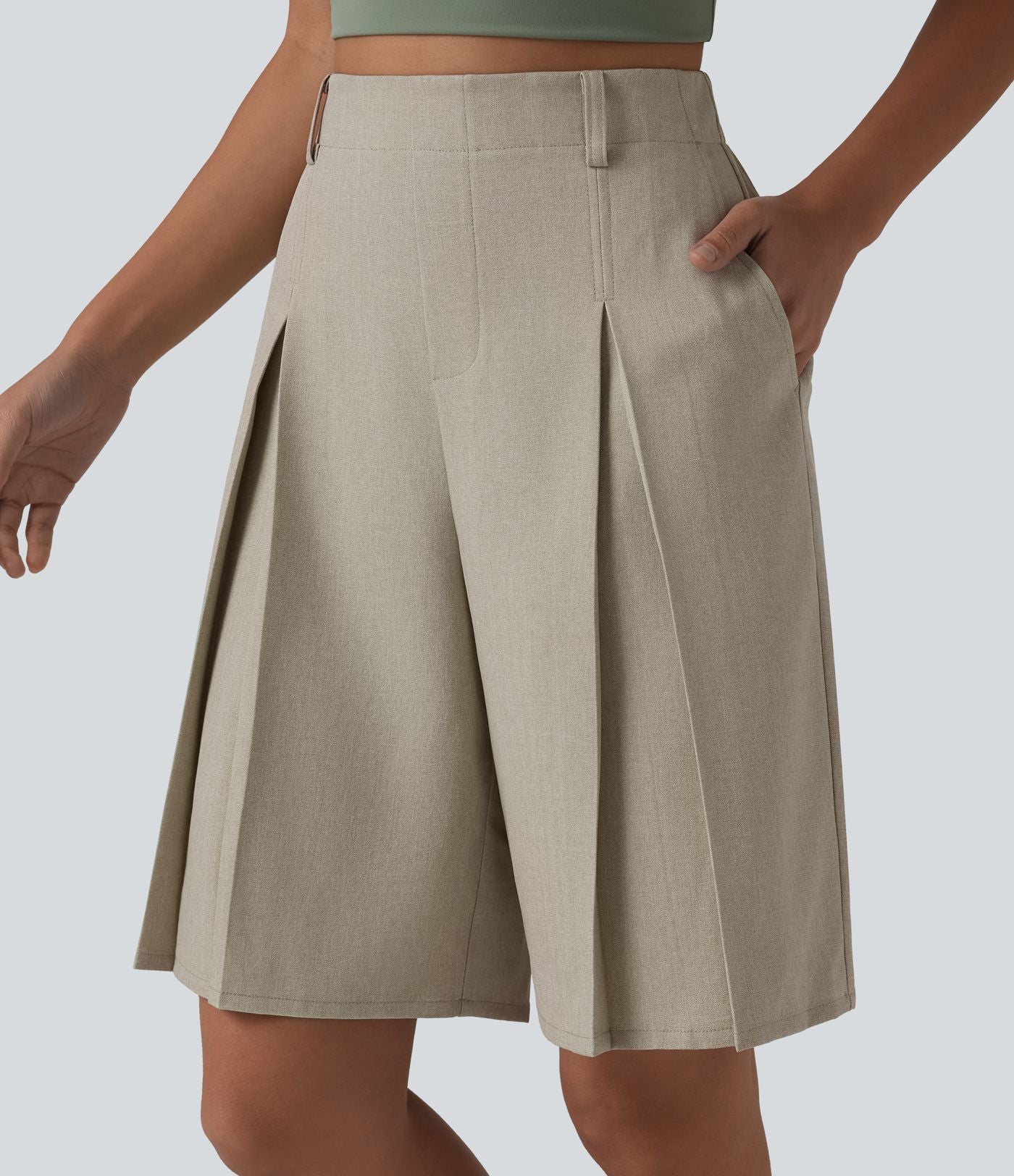 Bermuda ample infroissable taille haute plissé aspect lin avec fermeture éclair invisible et poches