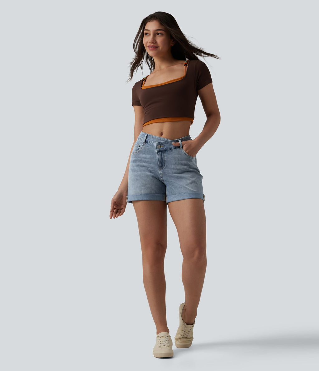 Short denim décontracté Halara Flex™ asymétrique délavé taille haute ourlet roulotté avec poches