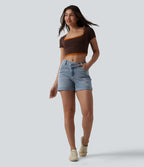 Short denim décontracté Halara Flex™ asymétrique délavé taille haute ourlet roulotté avec poches