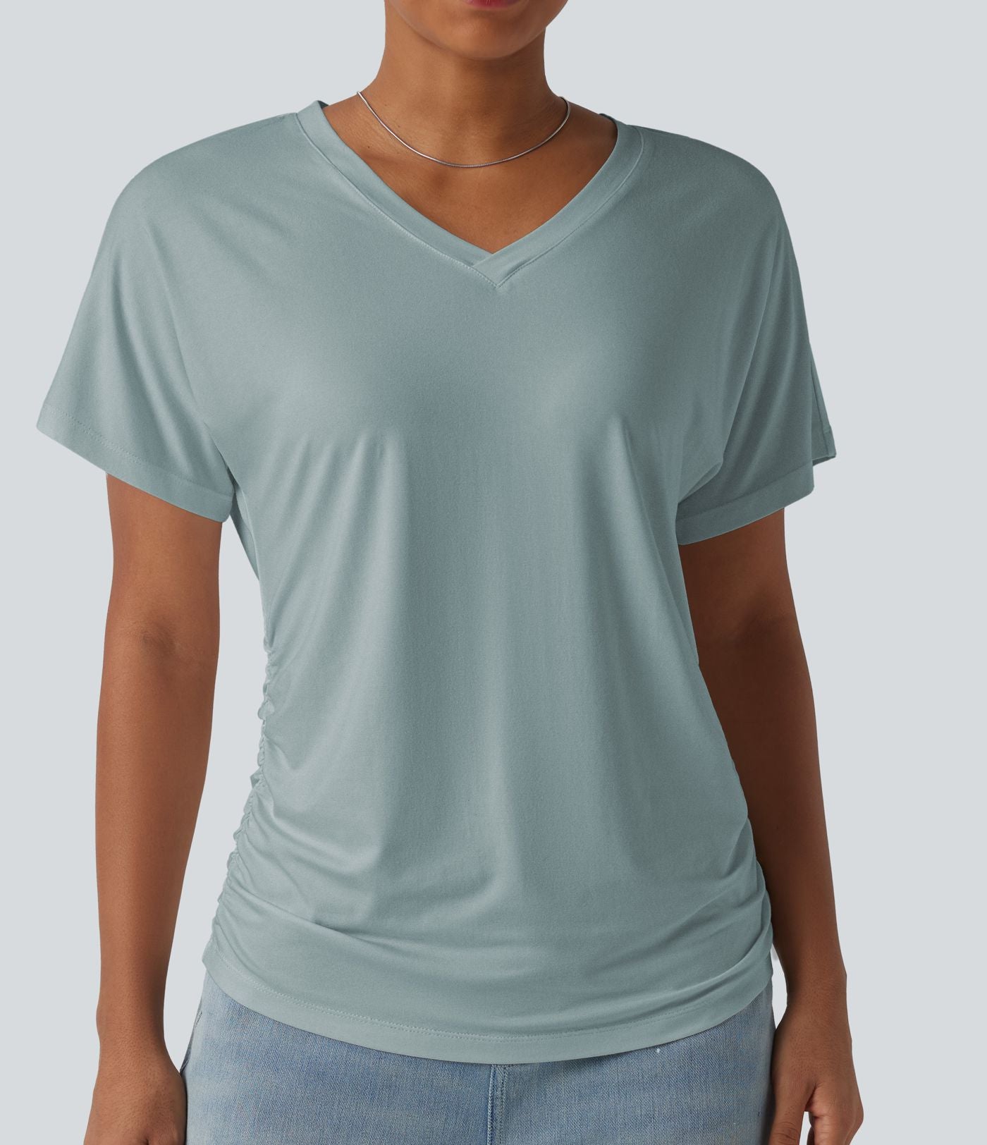 T-shirt décontracté uni à manches courtes, col V et fronces