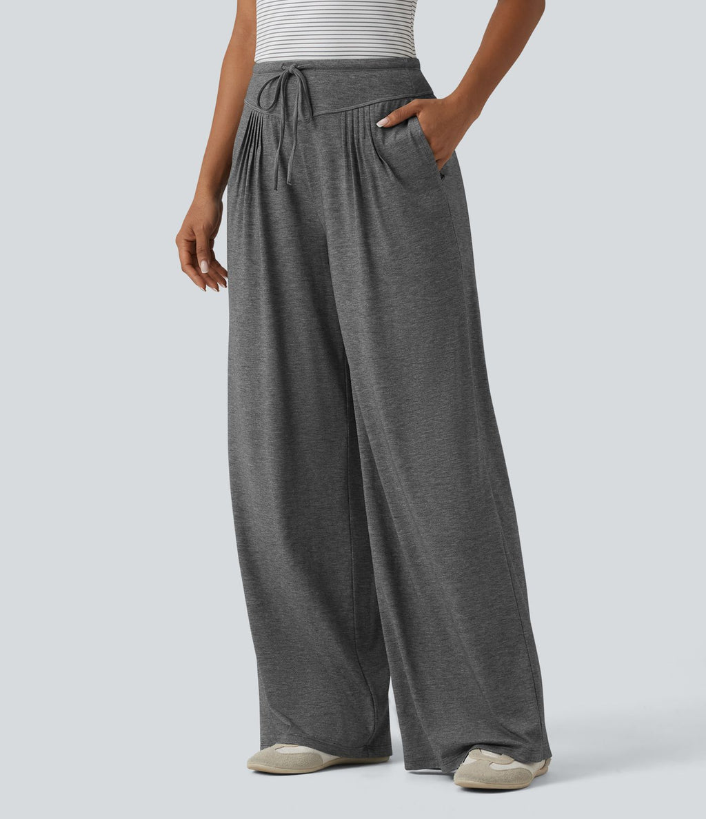 Pantalon casual ample chiné à plis taille haute avec cordon de serrage et poches