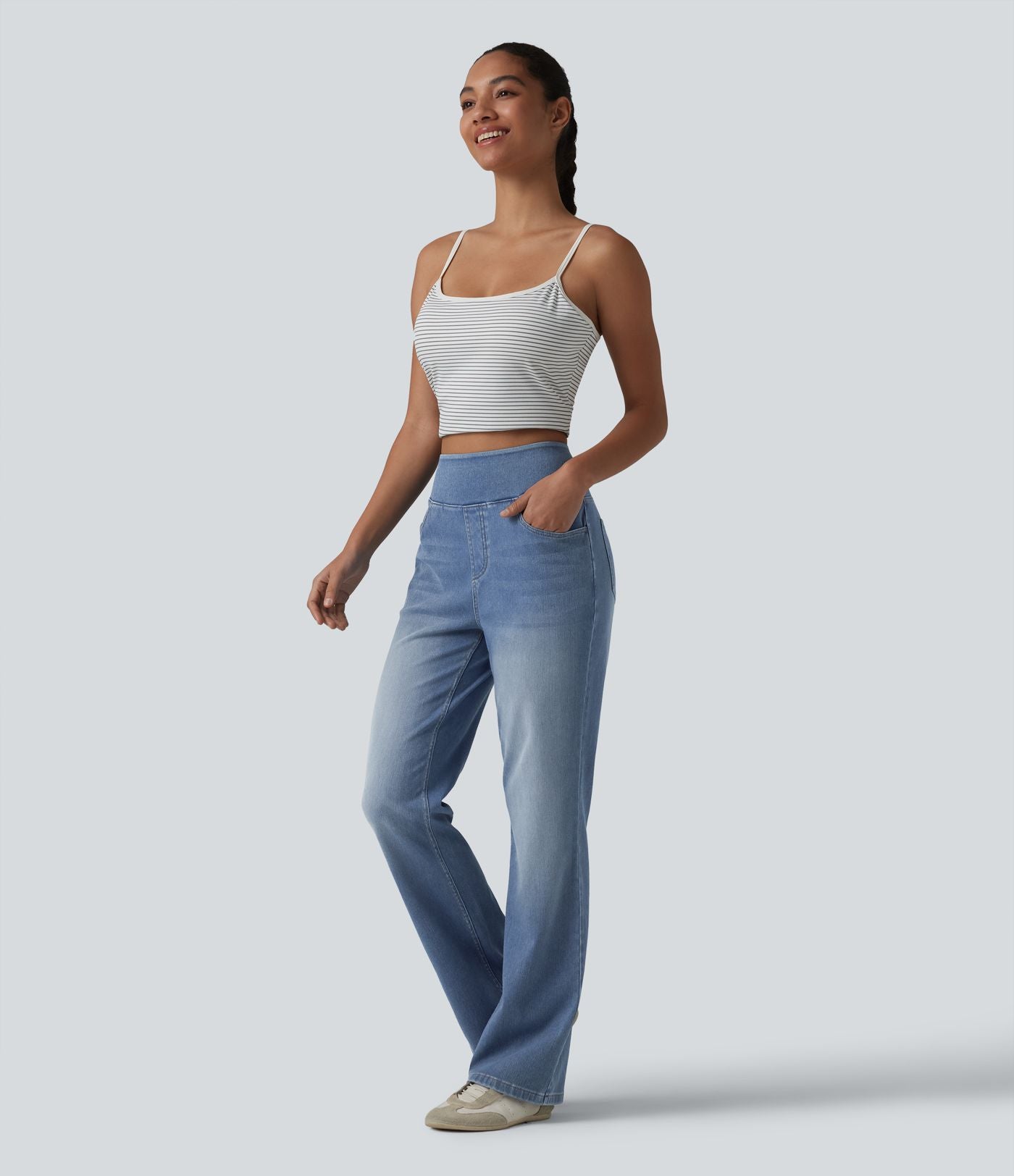 Jean Halara Flex™ Curvy taille haute bootcut délavé décontracté avec poches