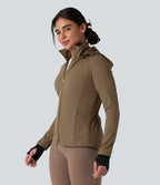 Veste randonnée capuche amovible double zip cordon de serrage avec trous pouces et poches