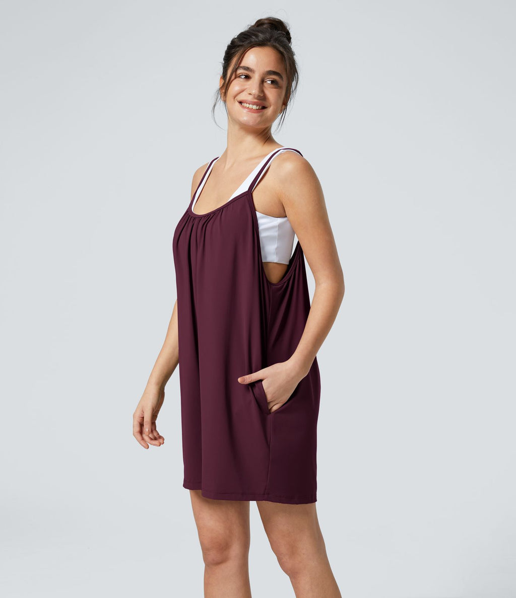 Combinaison Large Casual à Jambes Larges Solide avec Fines Bretelles Réglables Poches Latérales Plissées