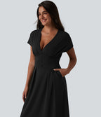 Robe midi à manches courtes chauve-souris et col en V avec poches