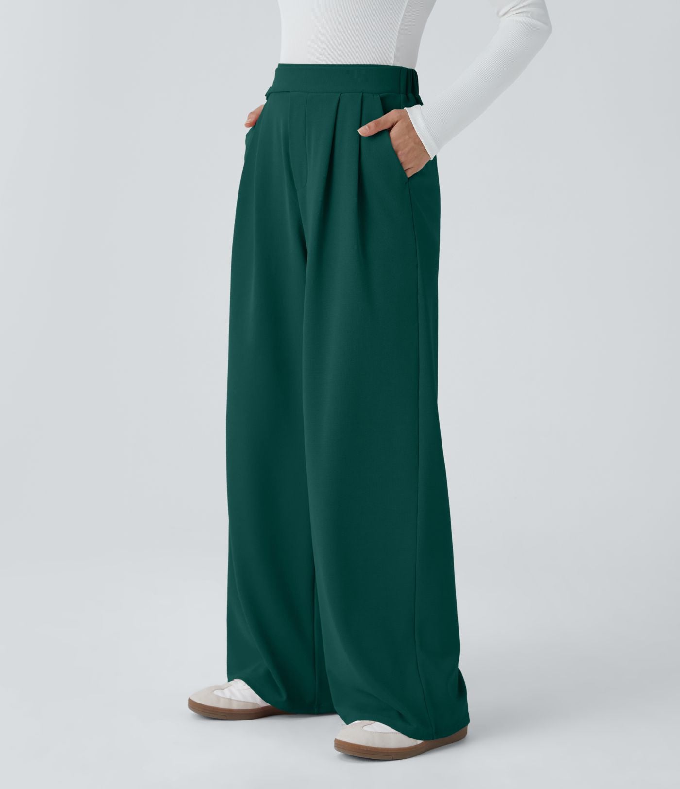 Pantalon taille haute décontracté large en maille gaufrée, avec poches