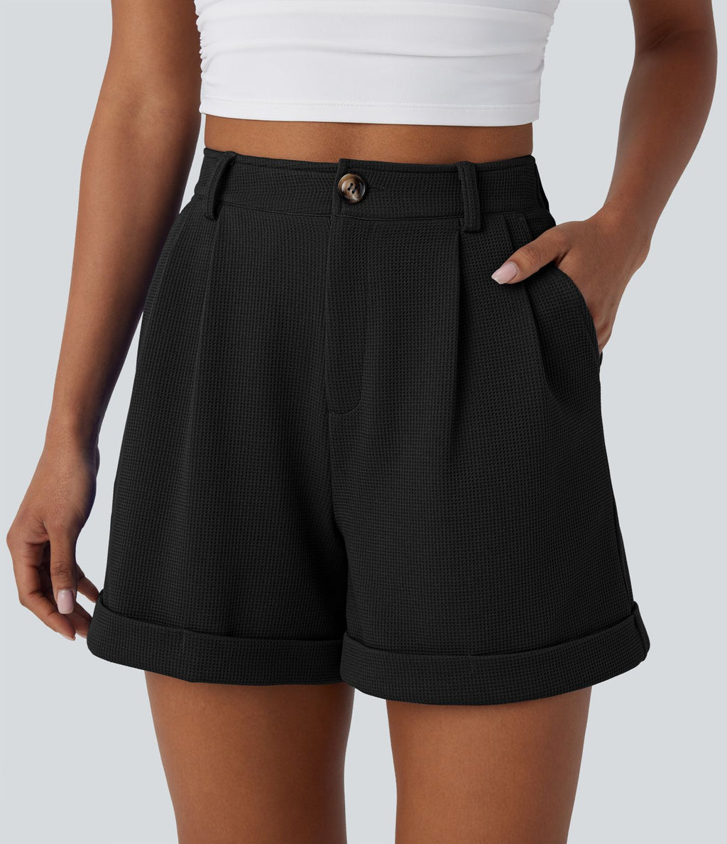 Short décontracté gaufré à taille haute, fermeture zippée, bouton et poches latérales
