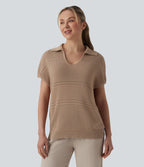 Pull resort col V manches chauve-souris courtes crochet