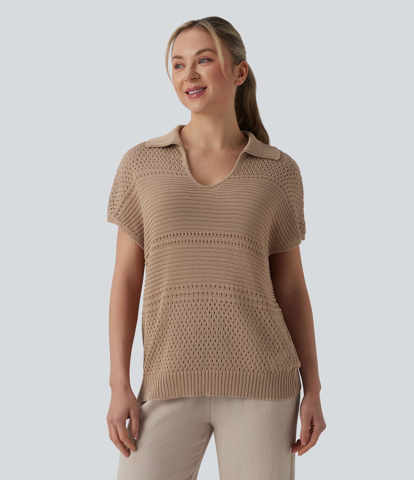 Pull resort col V manches chauve-souris courtes crochet