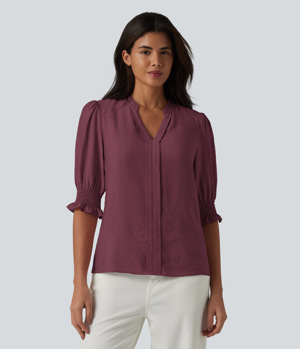 Blouse décontractée à col en V et manches courtes bouffantes