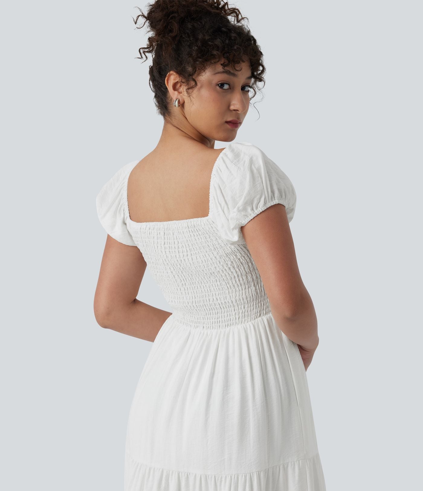 Robe midi décontractée à volants, col Queen Anne, manches bouffantes froncées et poches