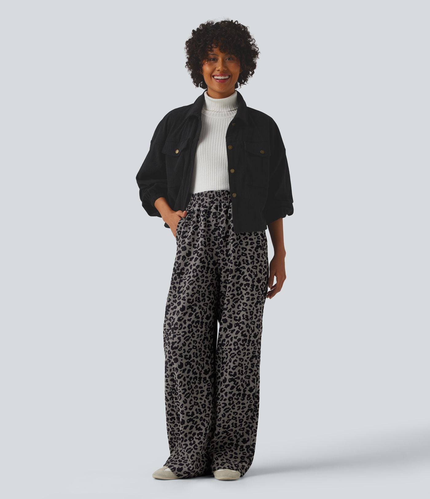 Pantalon léopard velours côtelé imprimé coupe droite mop taille haute avec poches