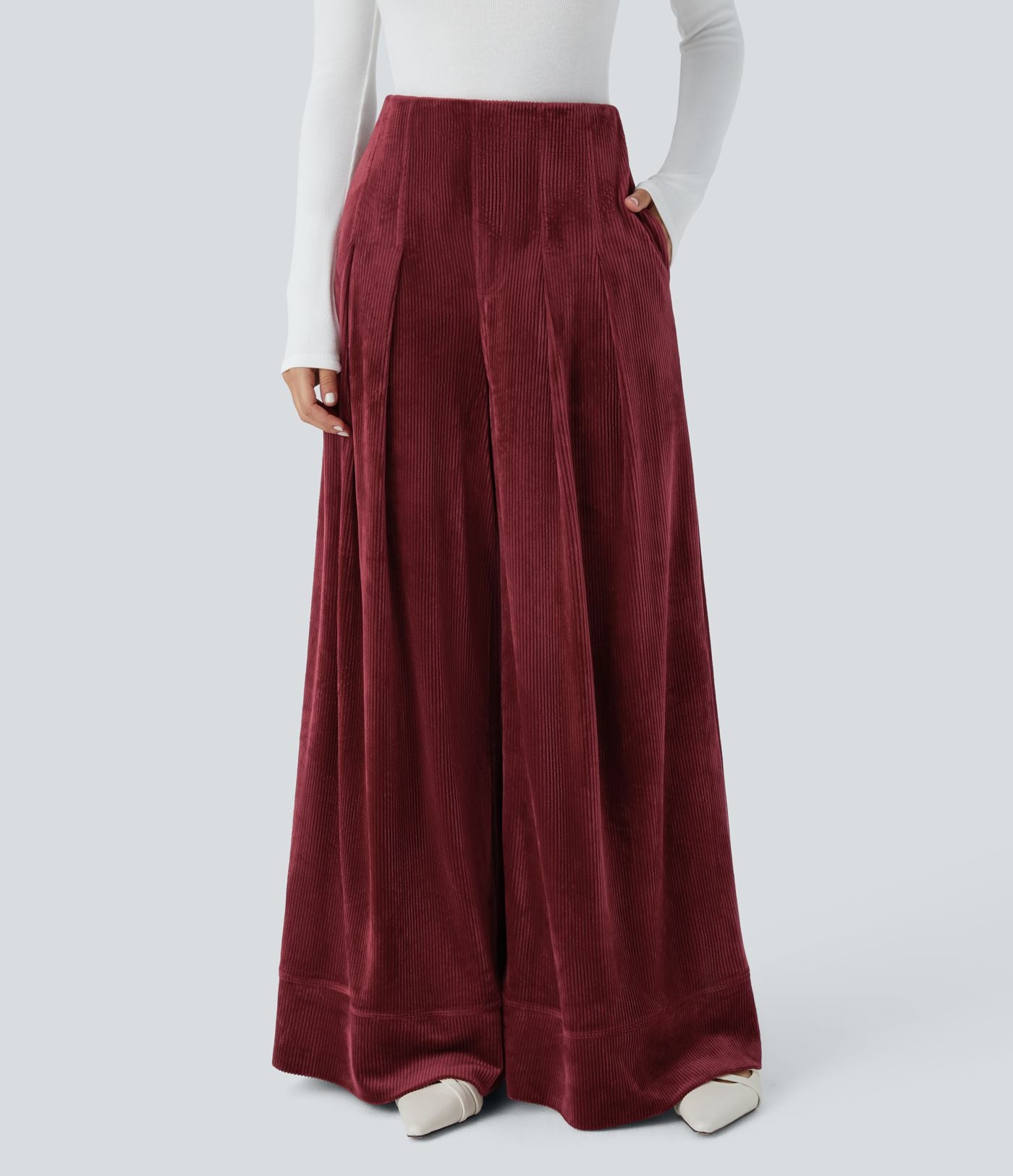 Pantalon de palazzo décontracté en velours côtelé taille haute à plis avec poches multiples