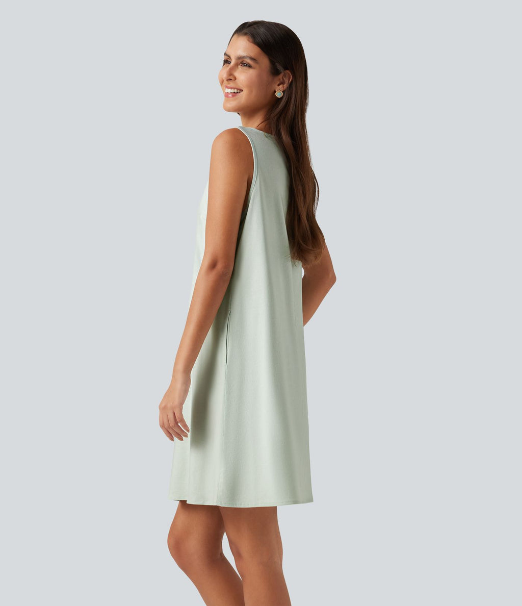 Robe mini sans manches en coton et lin à col rond avec poches