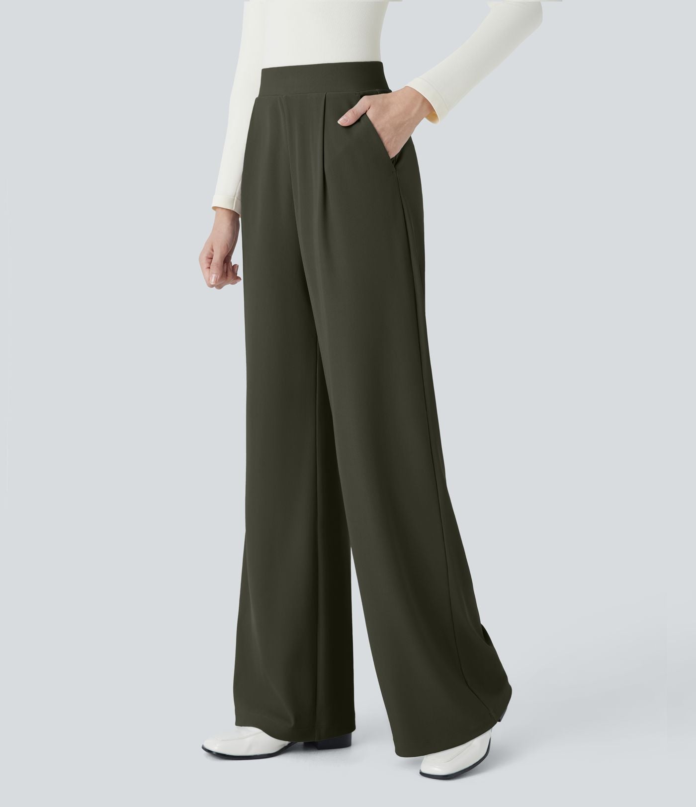 Halara Flex™ Pantalon Tailleur Évasé à Taille Haute Sculptant la Silhouette avec Poches Latérales Micro Waffle