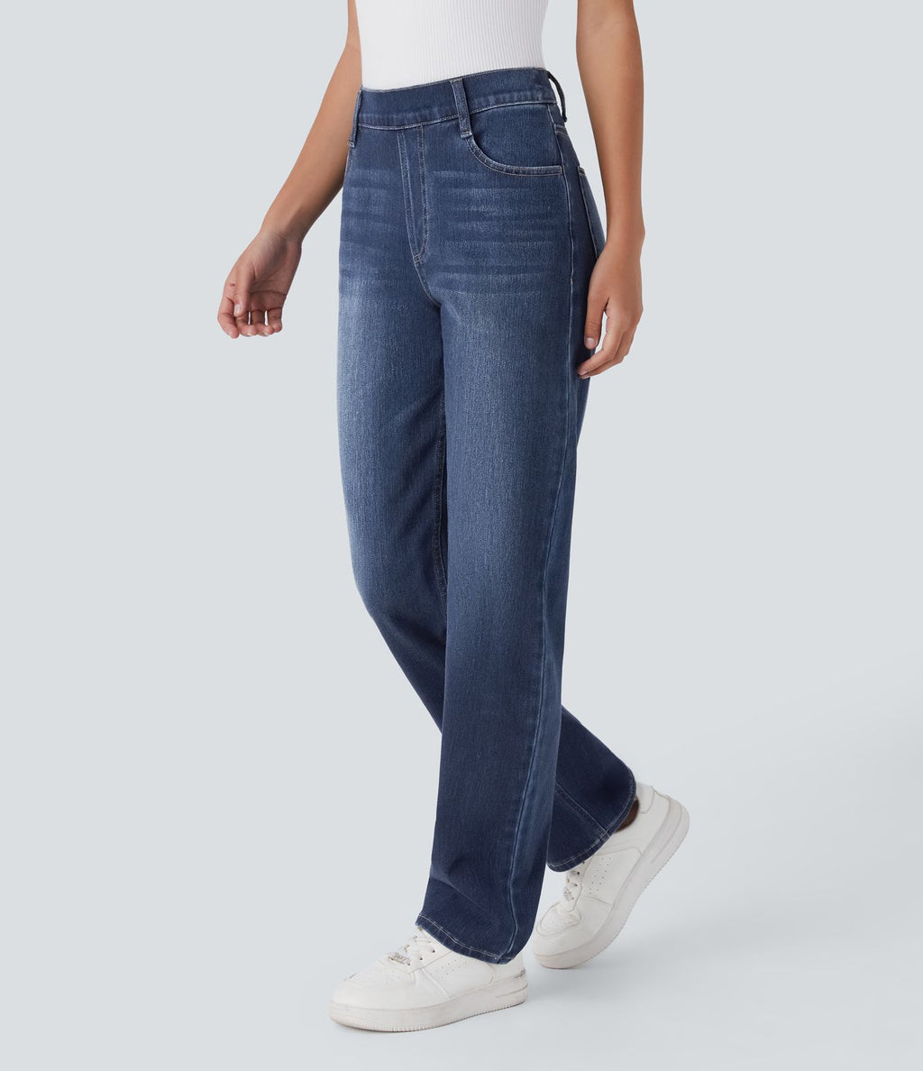 Jean droit Halara Flex™ à taille haute, poches multiples, effet délavé et tissu extensible