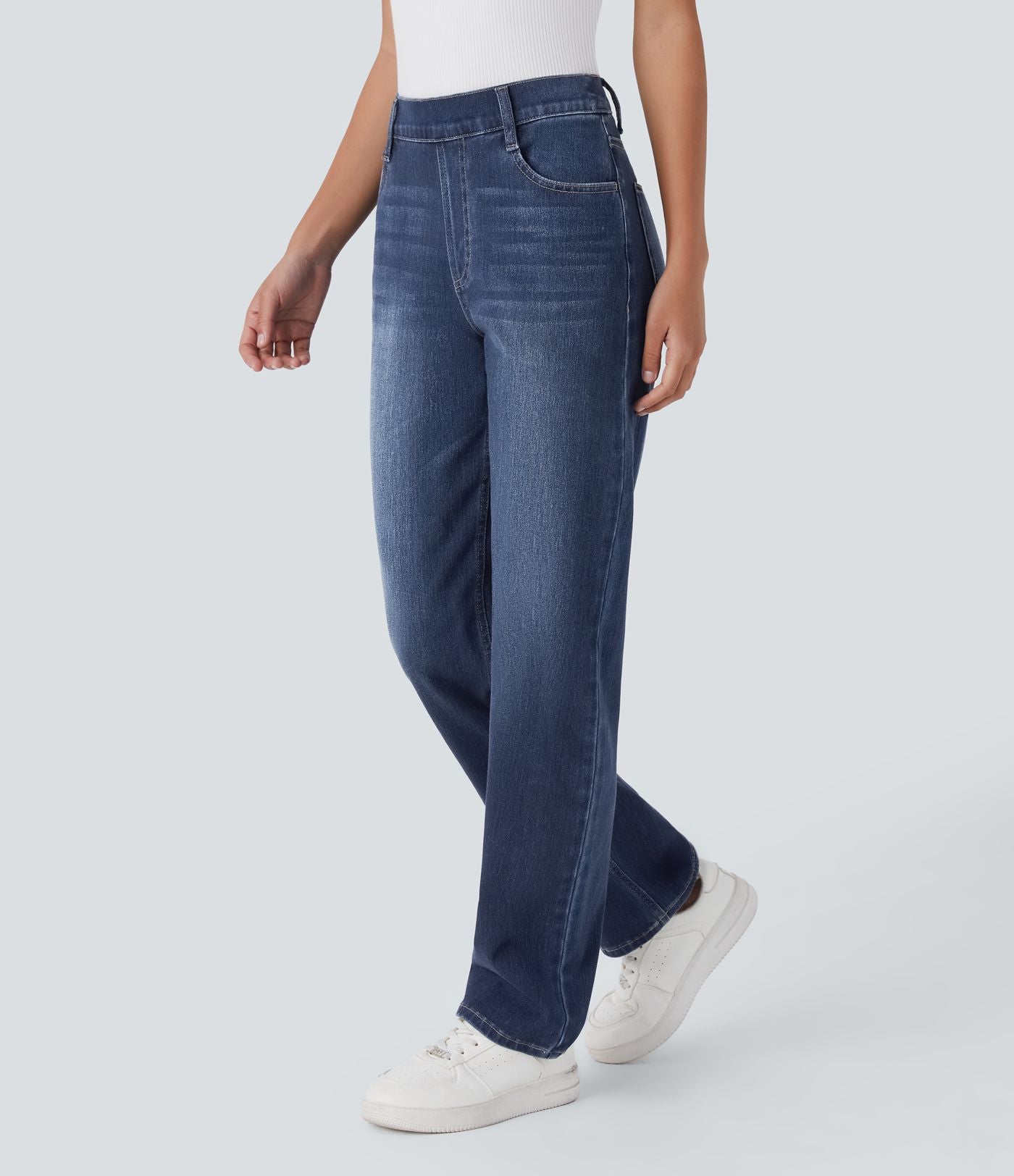 Jean droit Halara Flex™ à taille haute, poches multiples, effet délavé et tissu extensible