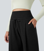 Pantalon jogging large thermique fluide chiné à rabat taille haute séchage rapide avec cordon de serrage et poches