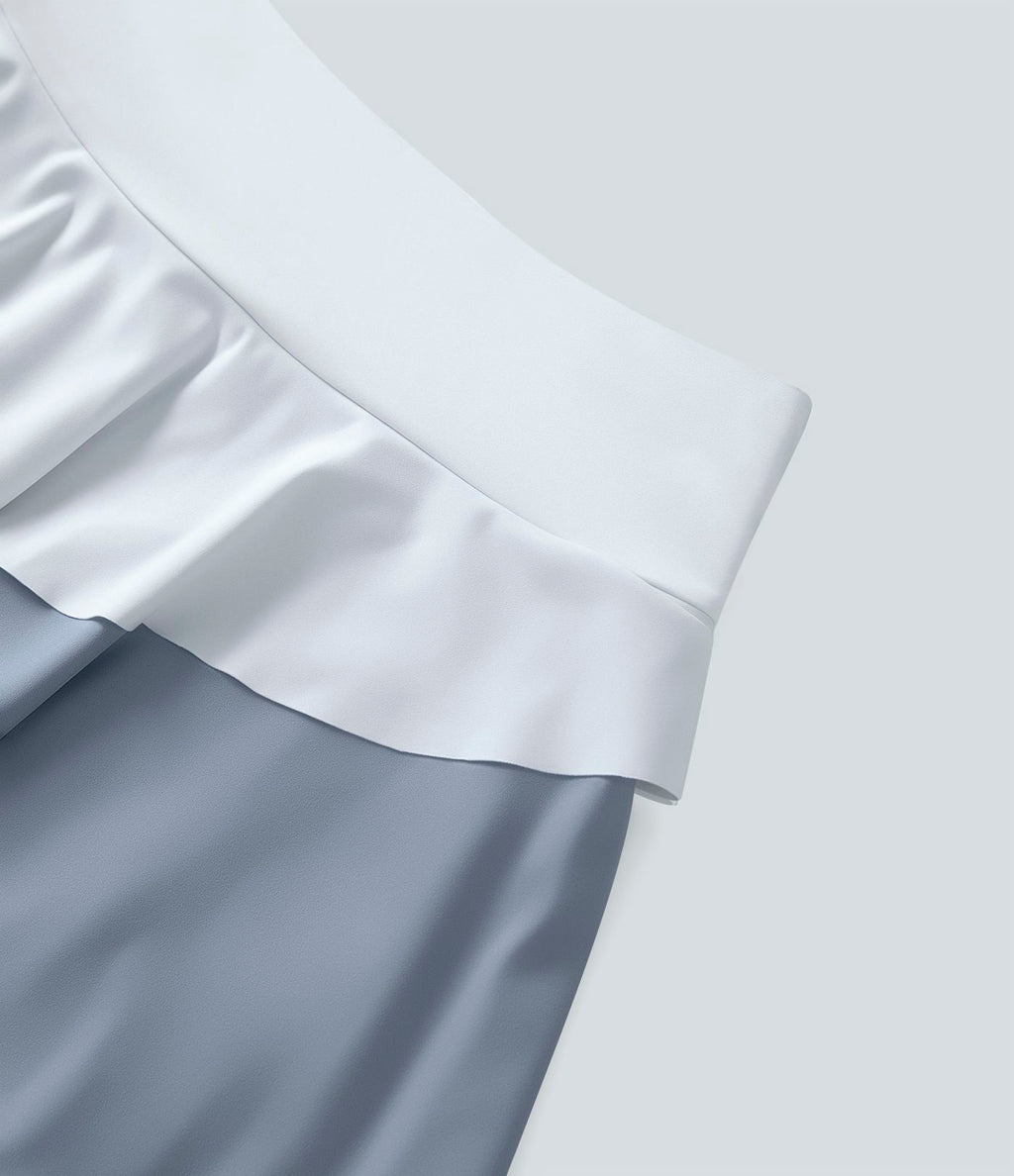 Jupe Tennis A-line Taille Haute à Poches et à 3 Couches de Volants 2 en 1