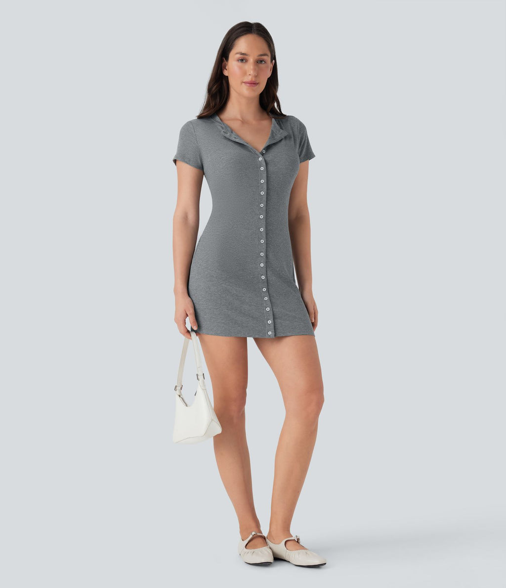 Robe décontractée mini en maille côtelée à col rond et boutons