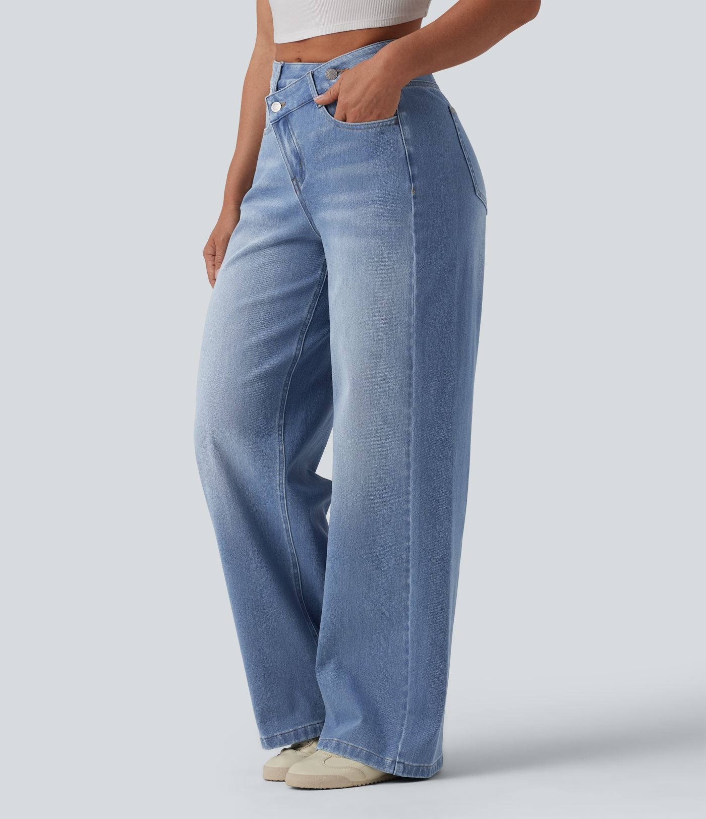 Jean baggy asymétrique Halara Flex™ taille haute effet délavé avec poches