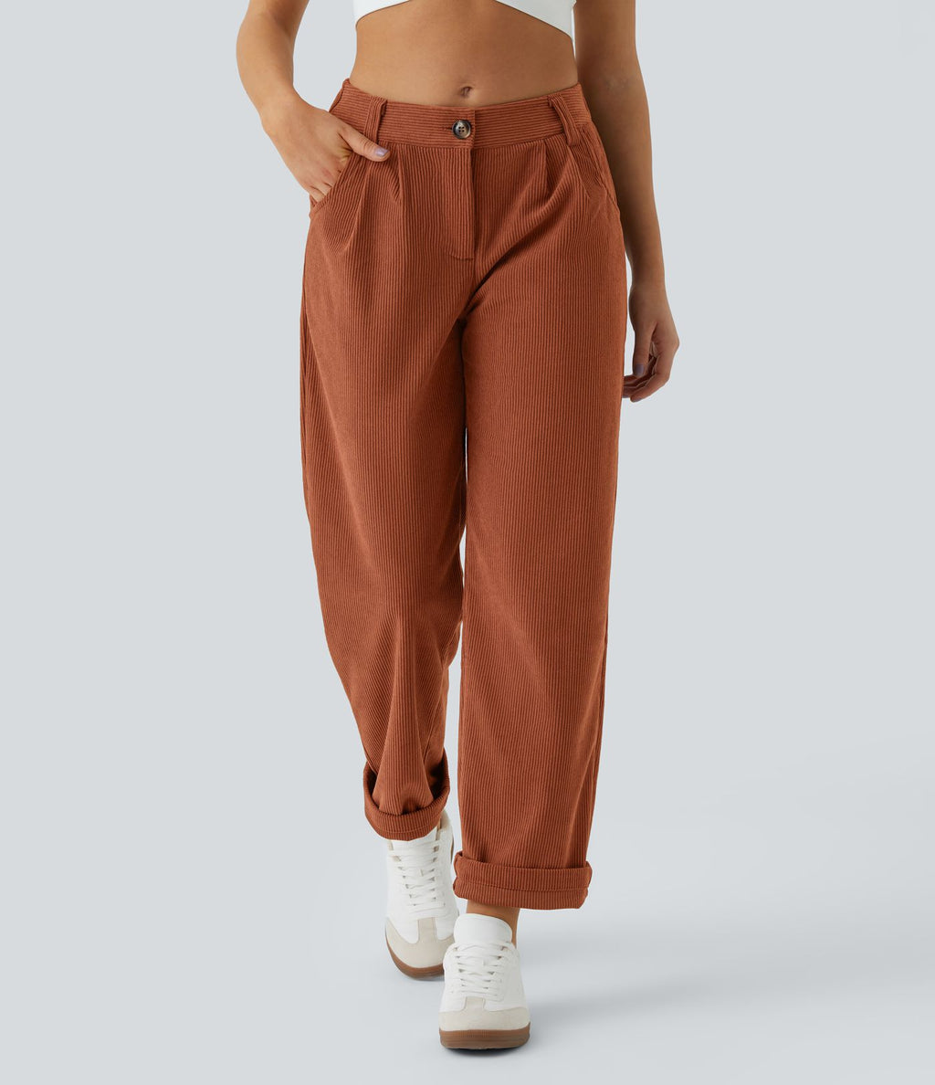 Pantalon en velours côtelé décontracté taille moyenne avec poches latérales
