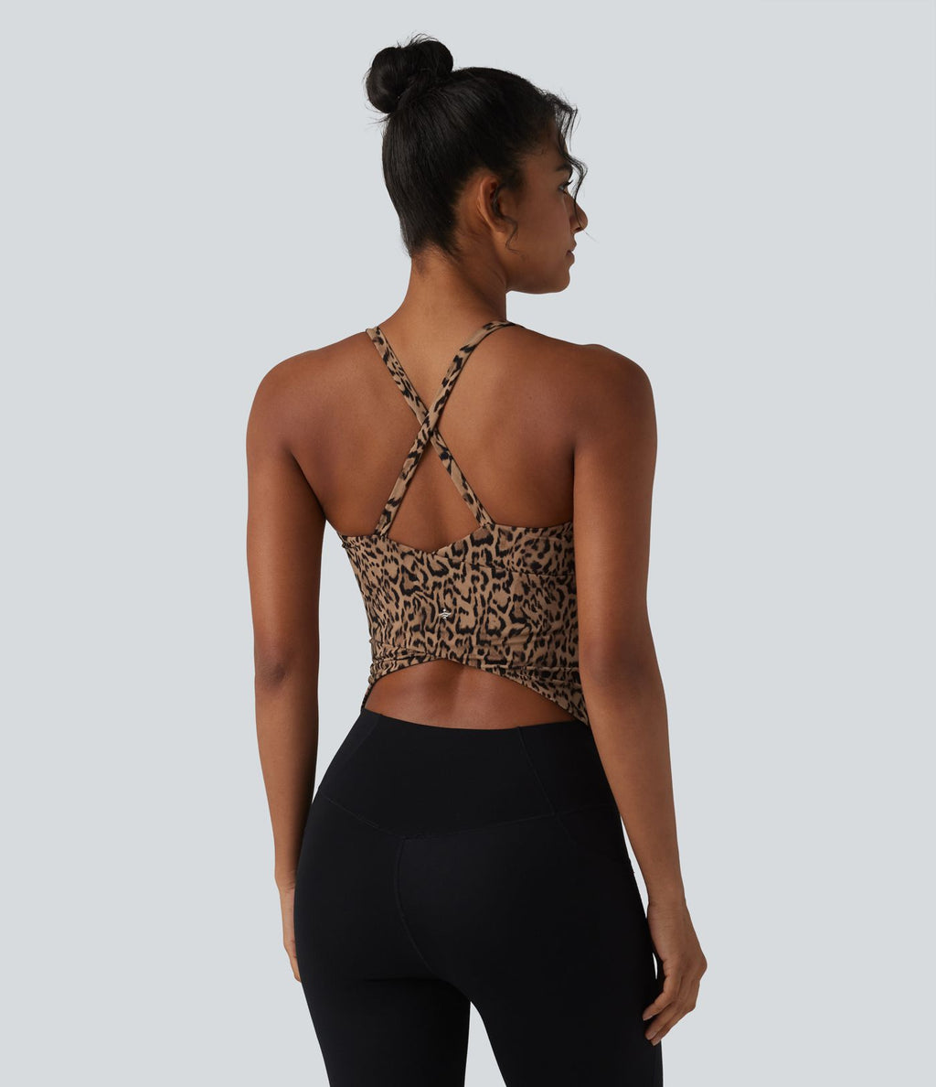 Halara UltraSculpt™ Débardeur de yoga imprimé léopard col rond échancré soutien-gorge intégré ourlet croisé