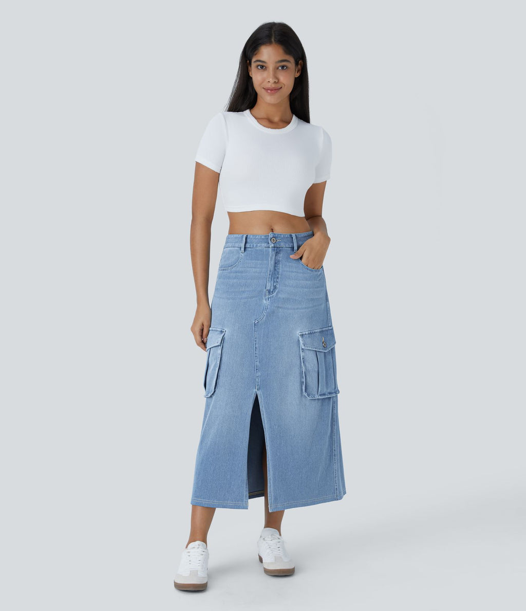 Halara Flex™ Jupe en Jean longue cargo extensible, taille mi-haute, coupe évasée, avec boutons, fermeture éclair, poches multiples et fente