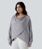 Top de sport yoga grande taille à capuche, col drapé, manches longues avec passants pouces et poches