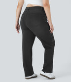 Jean décontracté Halara Flex™ grande taille, taille haute, multiples poches, jambes droites, effet délavé, en maille extensible