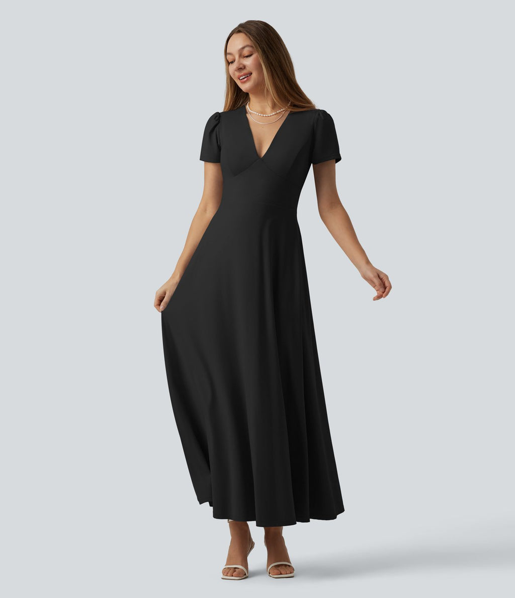 Robe mariage maxi fluide col V à manches courtes, dos nu avec lien noué et brassière intégrée