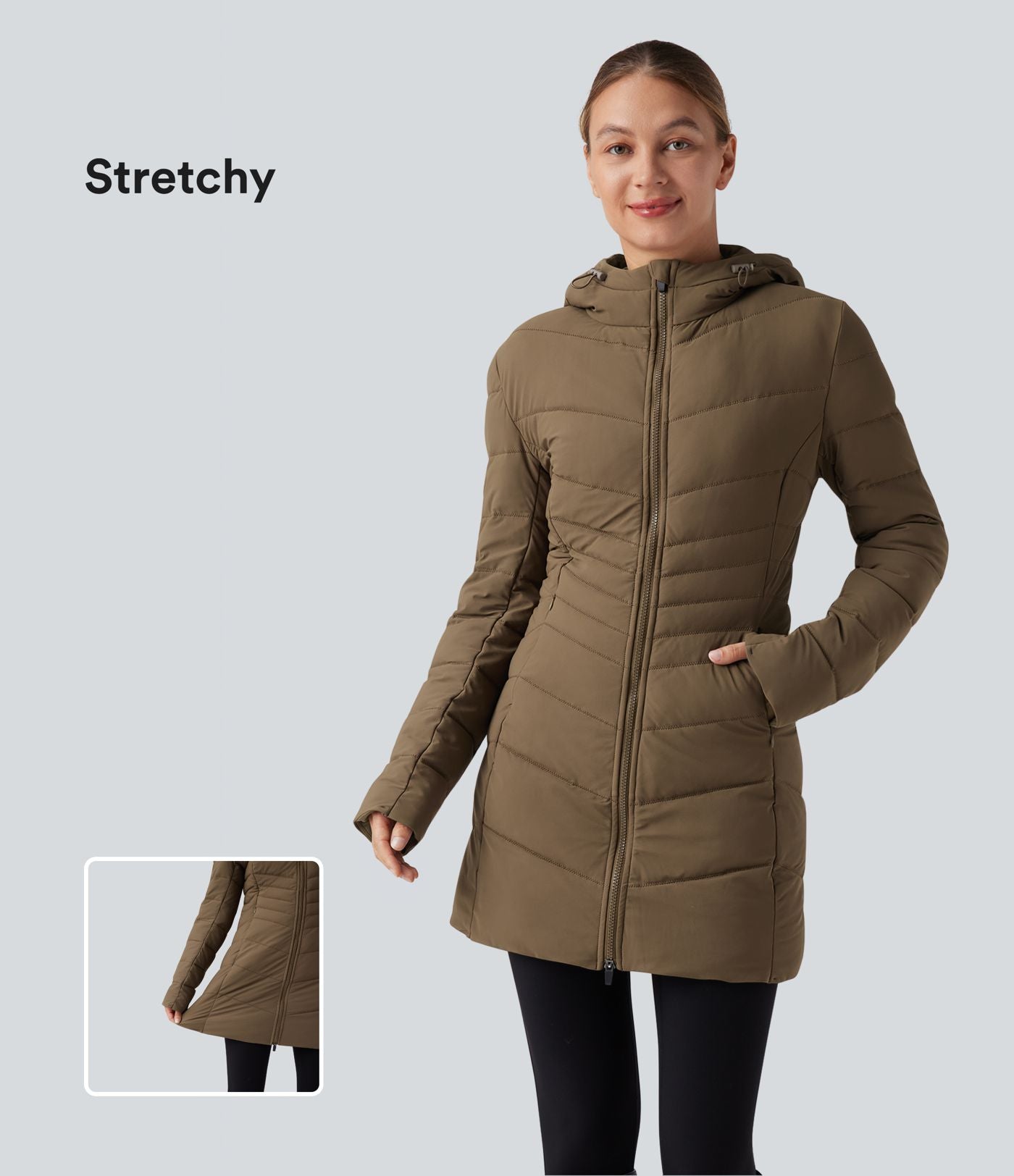 Doudoune longue extensible PuffFlex à capuche avec poches