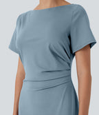 Robe tailleur mi-longue moulante manches courtes froncée