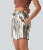 Short de yoga 2 en 1 à rayures taille haute avec cordon de serrage, poches, 17,5 cm