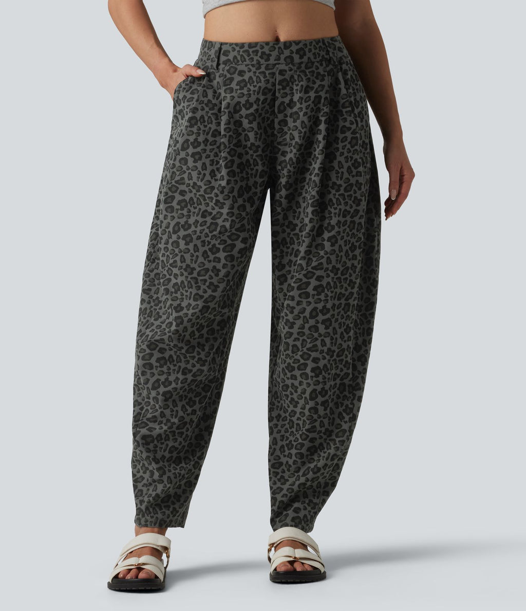 Pantalon léopard décontracté taille mi-haute et jambes fuselées avec poches