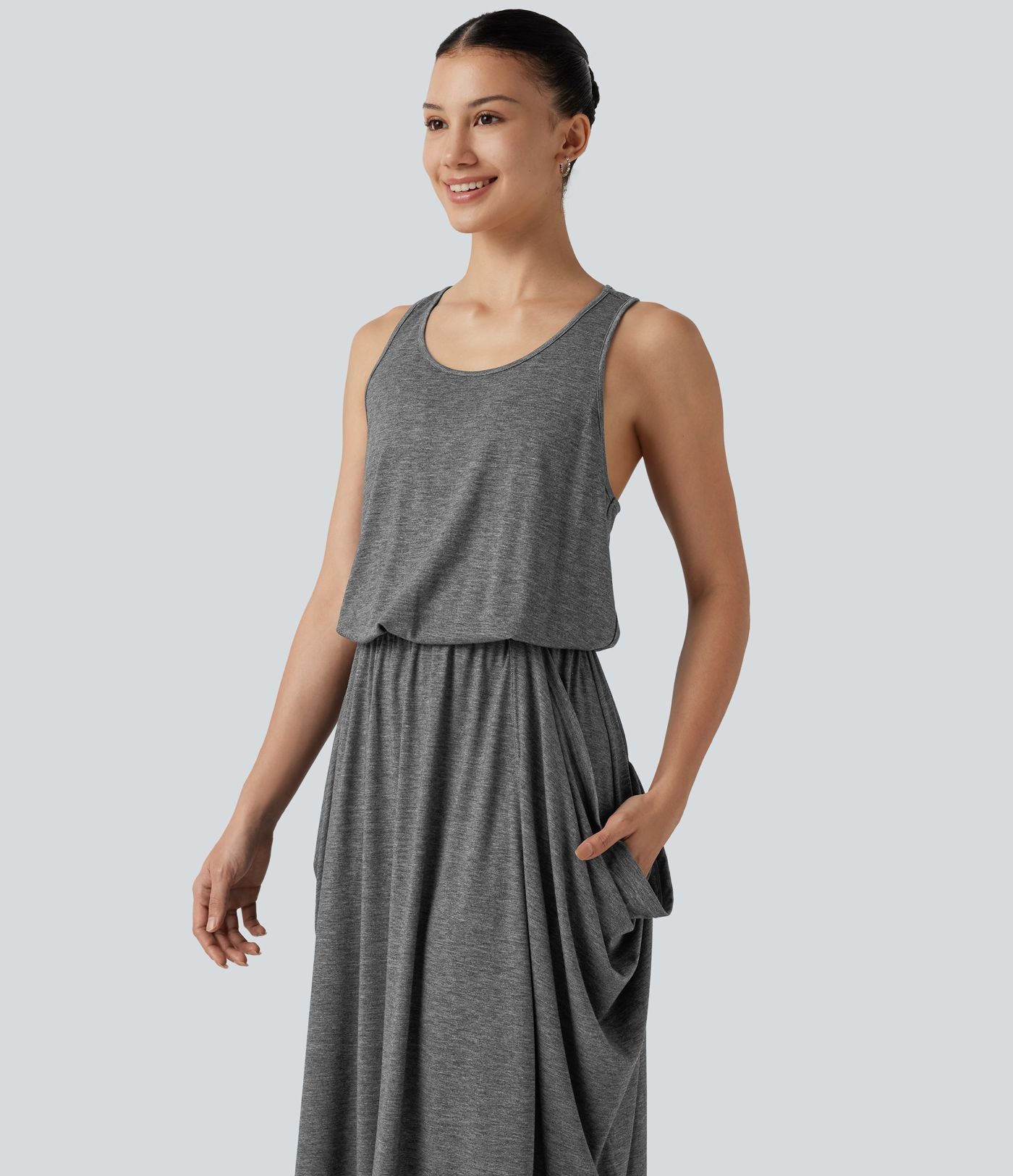 Robe longue casual drapée sans manches à dos ajouré avec poches