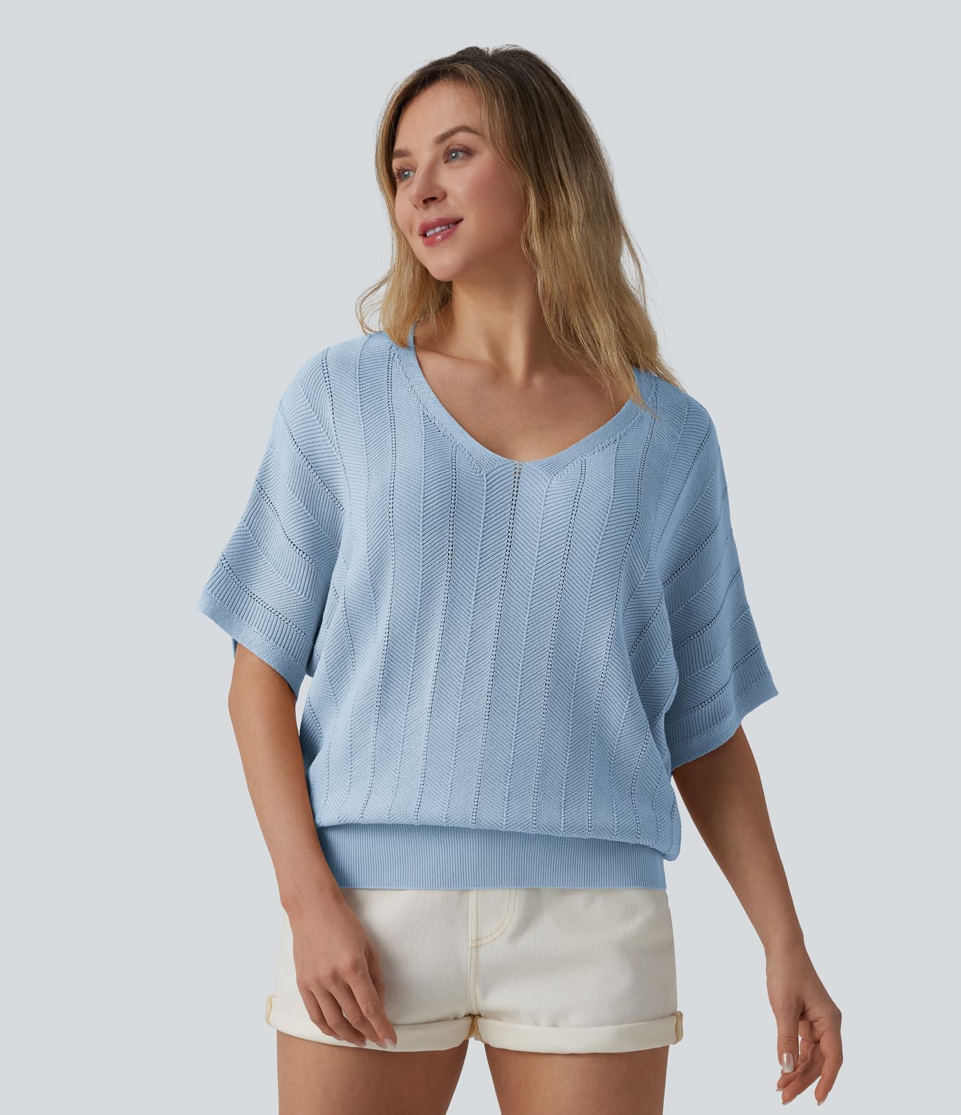 Pull décontracté col V manches courtes
