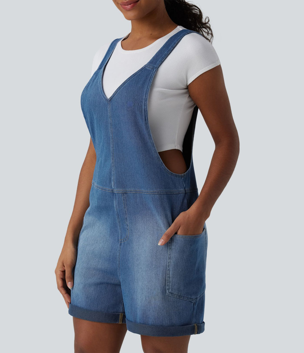 Salopette en jean Halara Flex™ col V délavée décontractée à ourlet roulotté avec poches