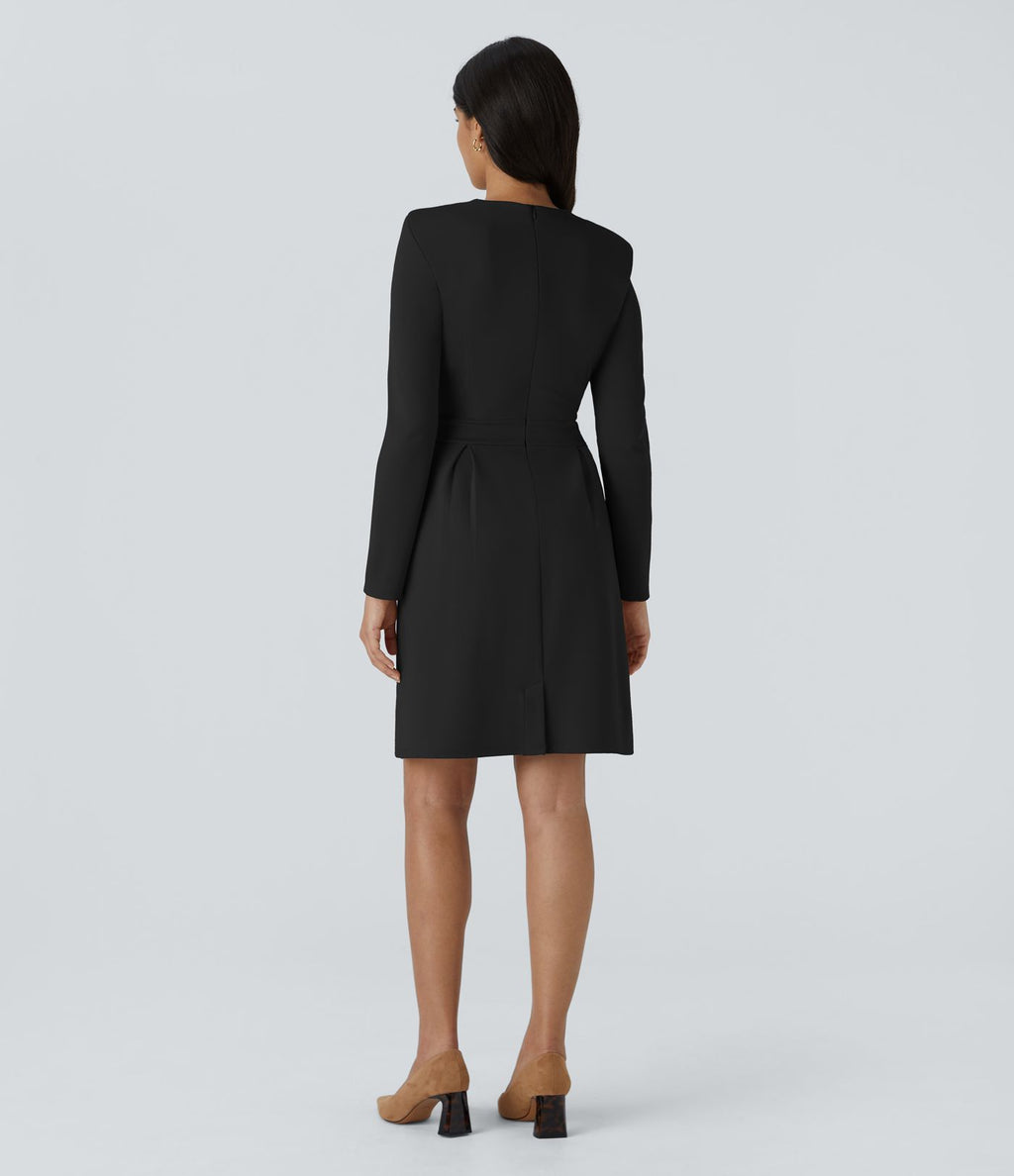 Robe de travail mini ajustée col rond à épaulettes à manches longues et ourlet