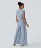 Combinaison fluide en tissu gaufré, col V, manches courtes, jambes larges et poches latérales - Easy Peasy Edition