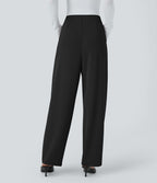 Pantalon décontracté barrel droit en crêpe, taille haute, avec poches