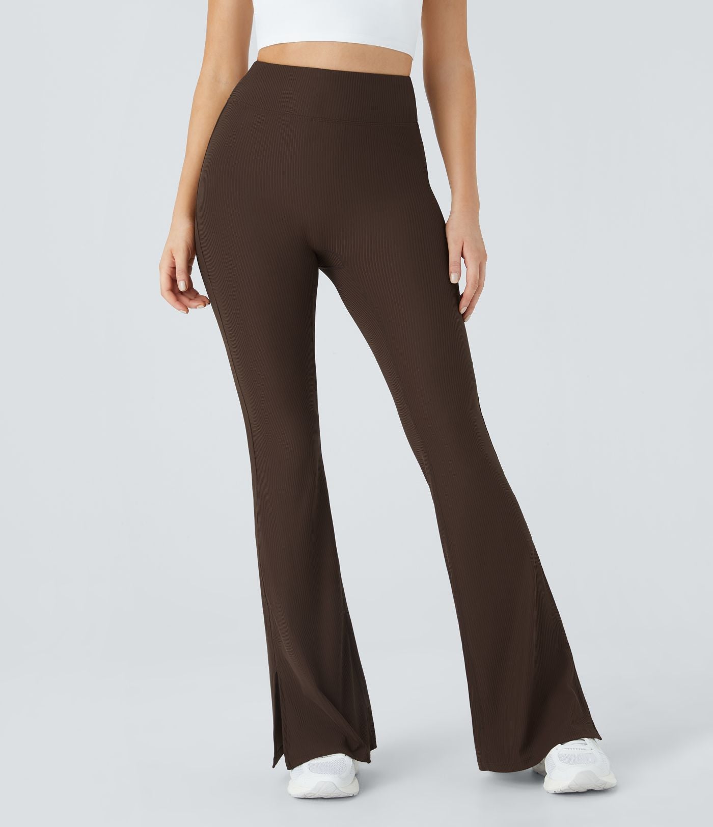 Pantalon Yoga Longs Taille Haute Évasés Fente en Tricot Côtelé